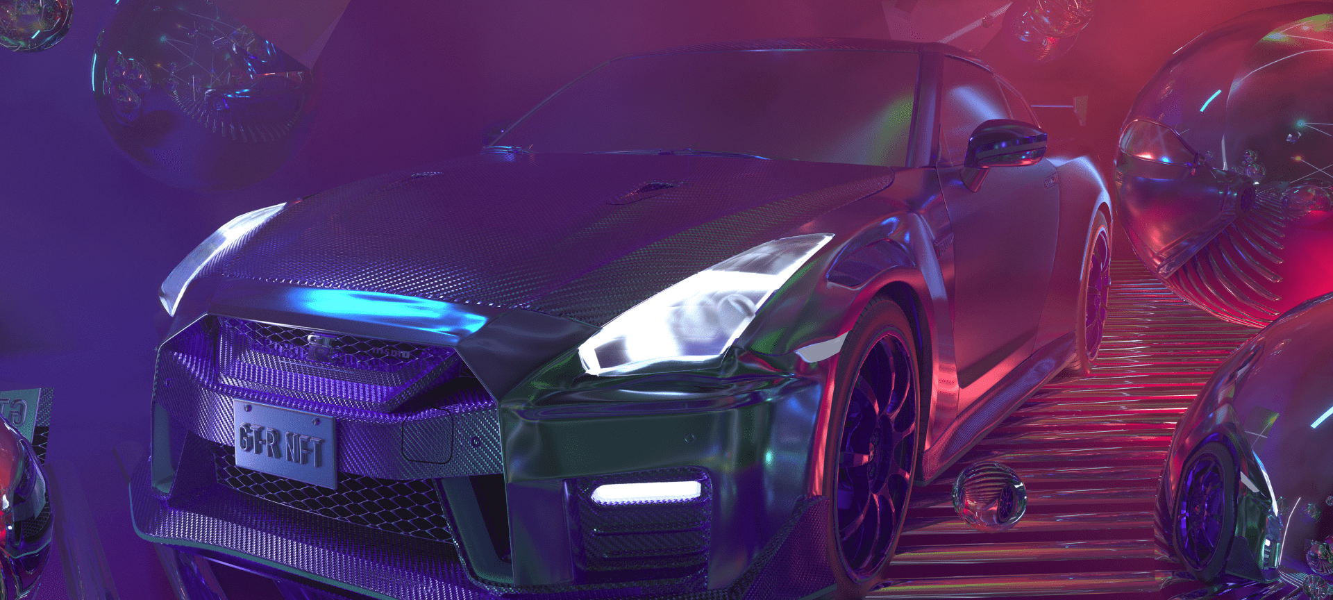 A sleek, futuristic supercar in a purple and blue-lit environment, showcasing a GT-R with a digital, high-tech aesthetic