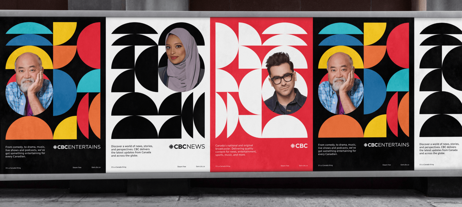 Vibrant CBC posters featuring Canadian figures, promoting CBC’s entertainment, news, and podcasts with bold geometric designs and colourful patterns