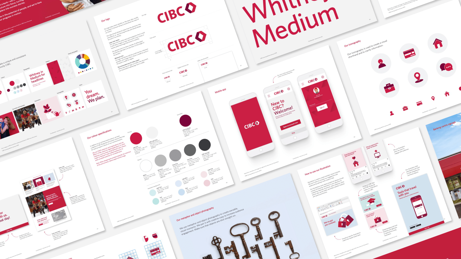 A collection of CIBC branding materials, showing color schemes, typography, app designs, and logos