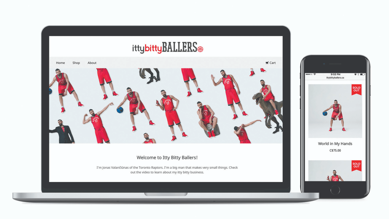 A laptop and smartphone displaying the website for Itty Bitty Ballers, featuring Jonas Valančiūnas from the Toronto Raptors selling miniature figurines of himself.