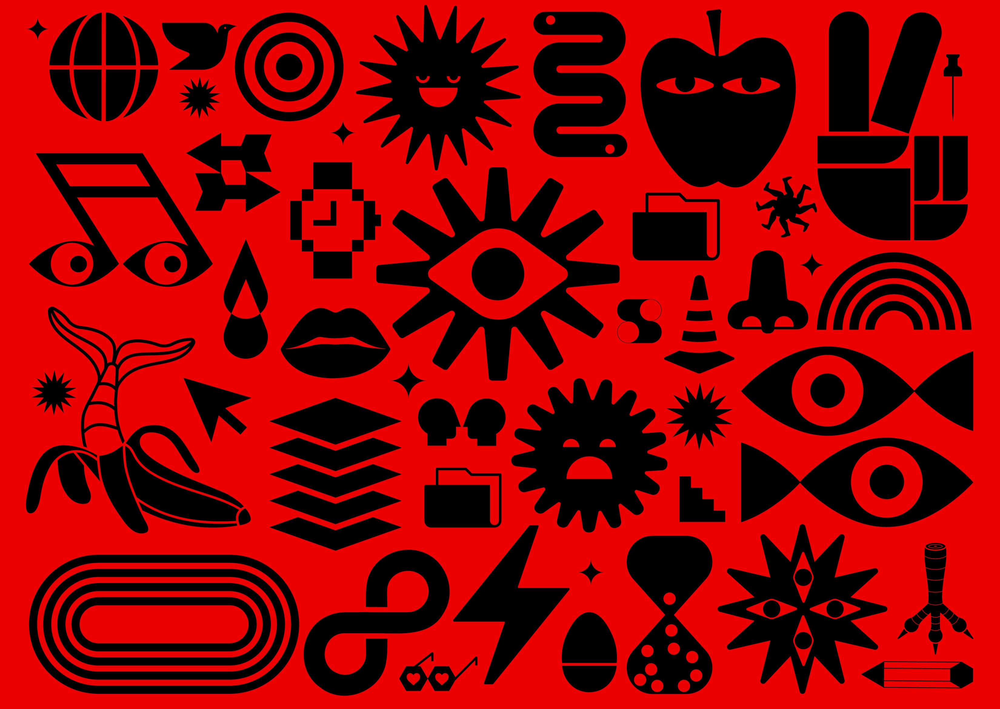 Bold red background featuring black icons designed for the 2022 RGD DesignThinkers conference, symbolizing defiance and reigniting creativity for designers