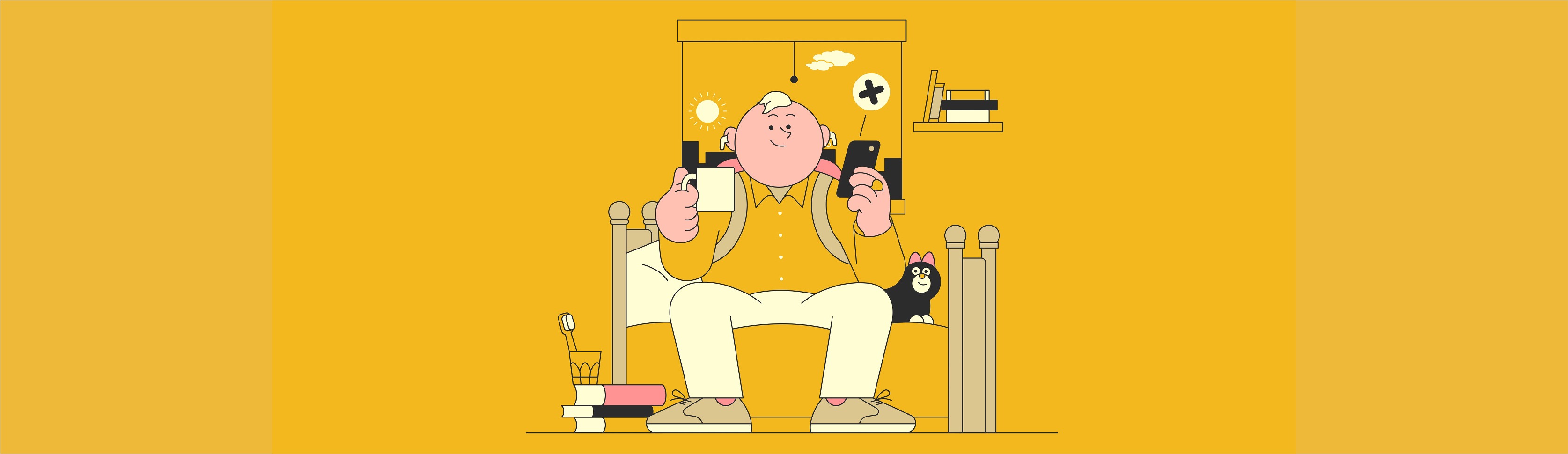 Illustration of a person relaxing in bed with a cup of coffee and phone, indicating they are on the Elections Alberta website, accompanied by a small black and white cat