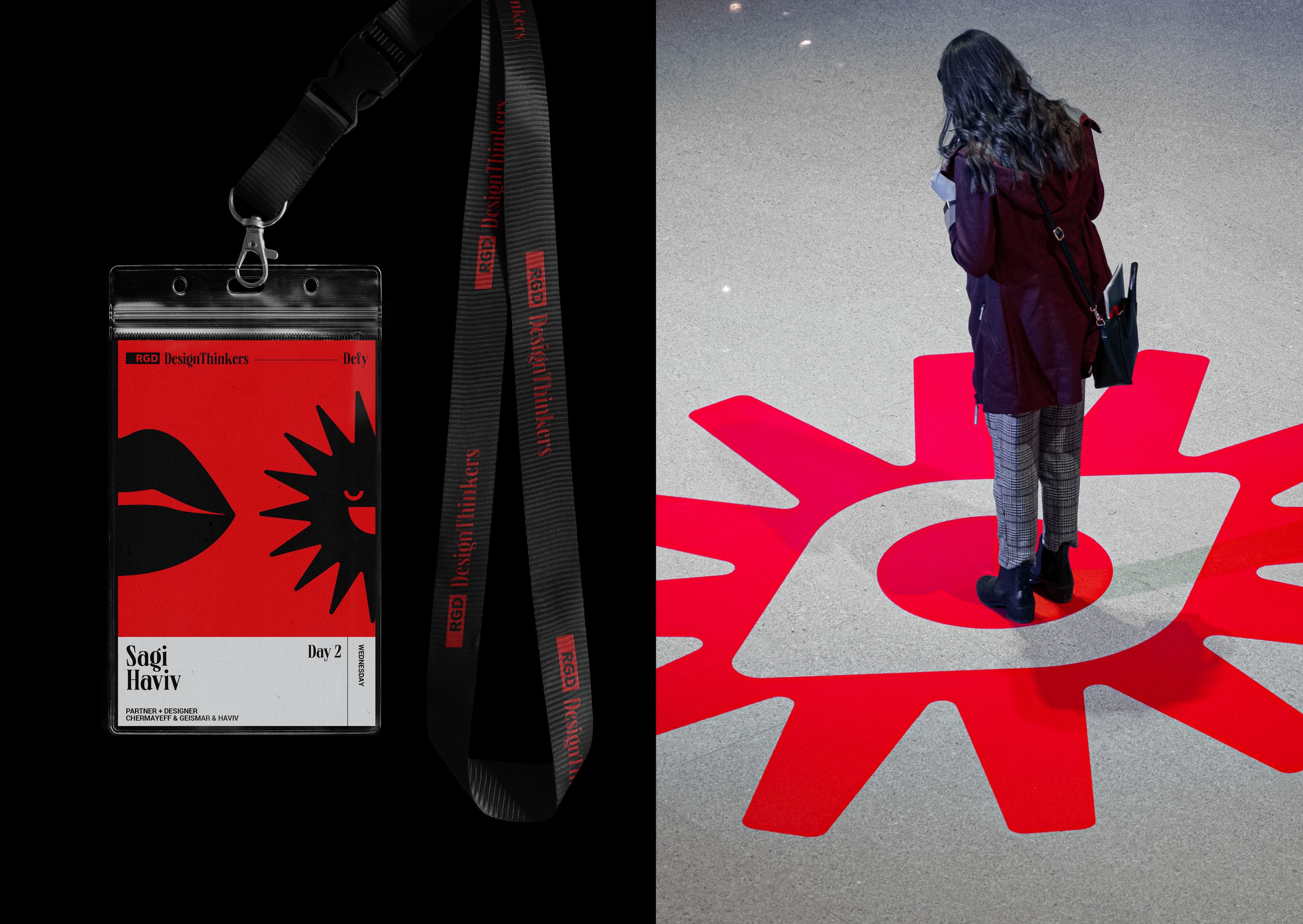 DesignThinkers conference lanyard and badge with bold red and black design, paired with a person standing on a large red conference logo on the floor