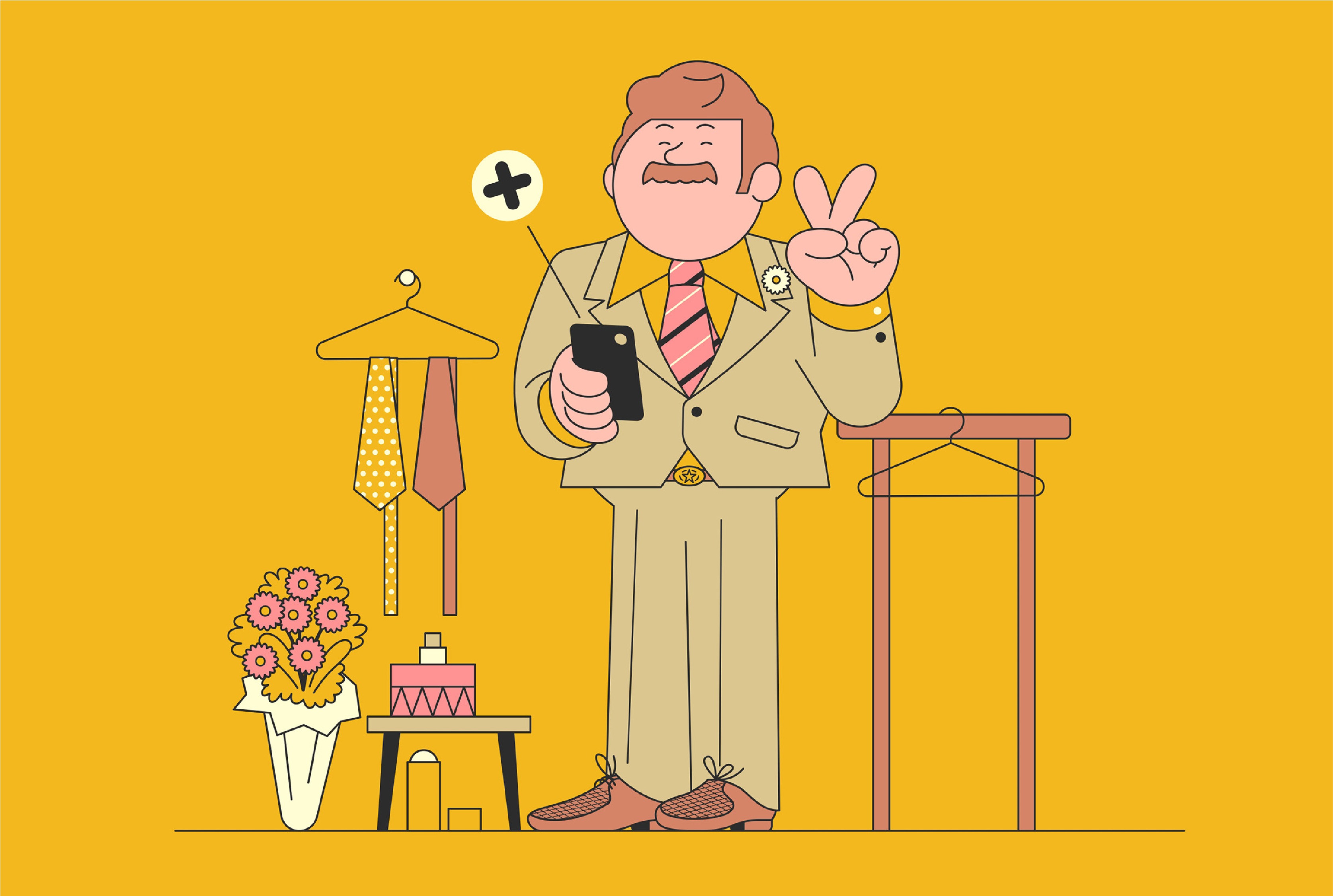 Illustration of a person in a suit holding a phone, indicating they are on the Elections Alberta website, while making a peace sign and standing next to ties and flowers