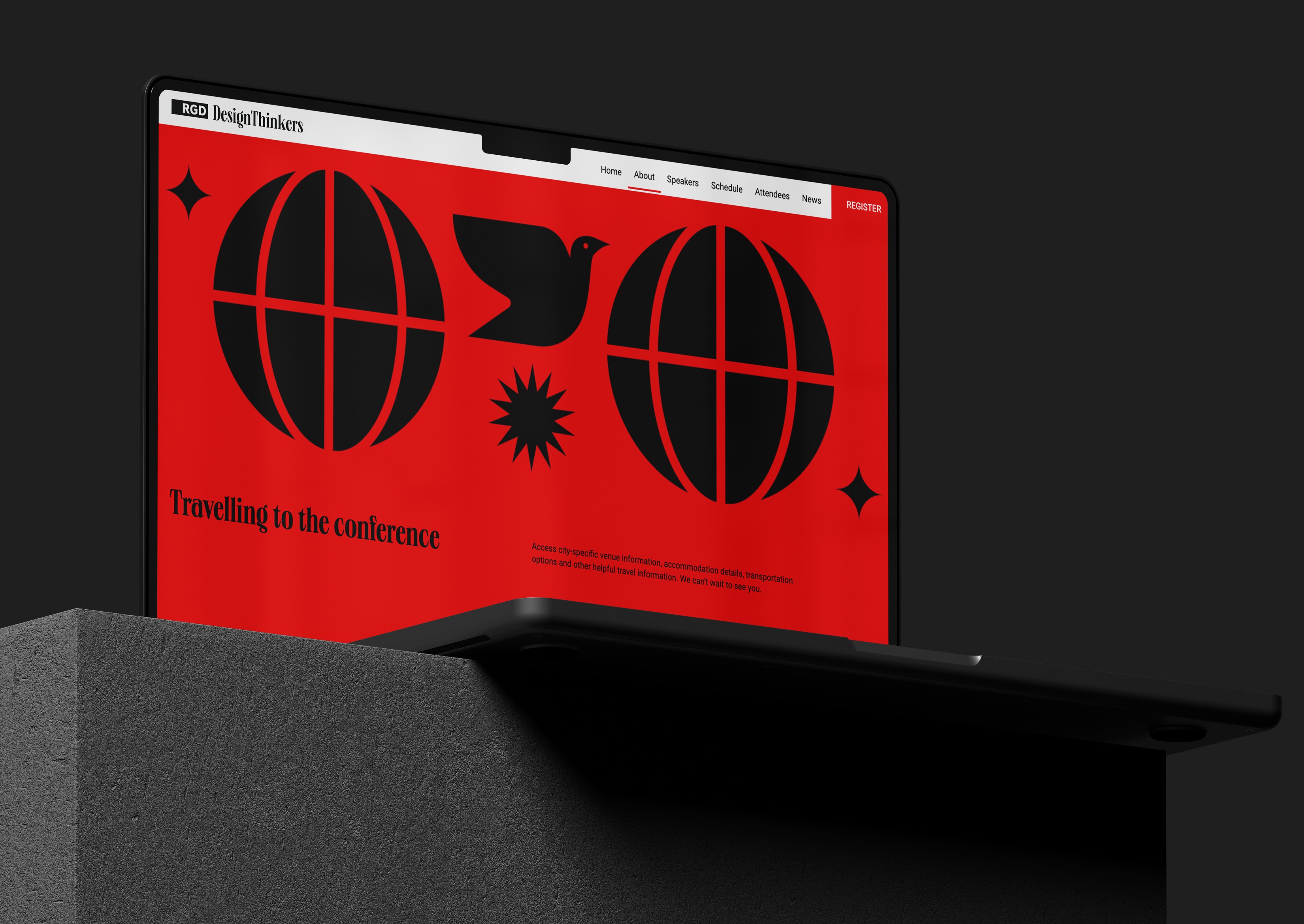 Laptop screen displaying bold black and red graphics with a globe and bird icon