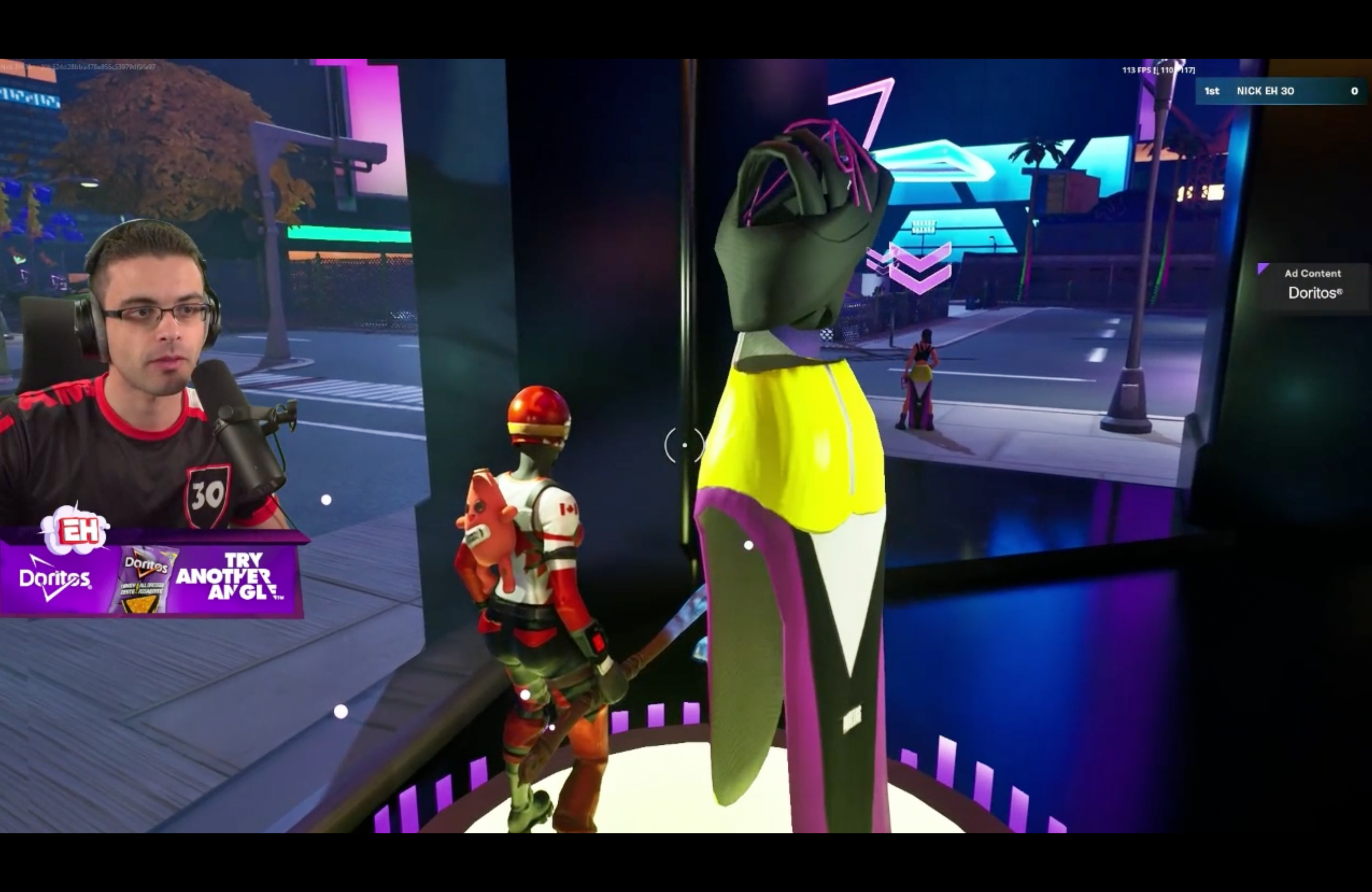 Nick Eh 30 explores the Doritos-themed world, looking at an in-game outfit display in Fortnite