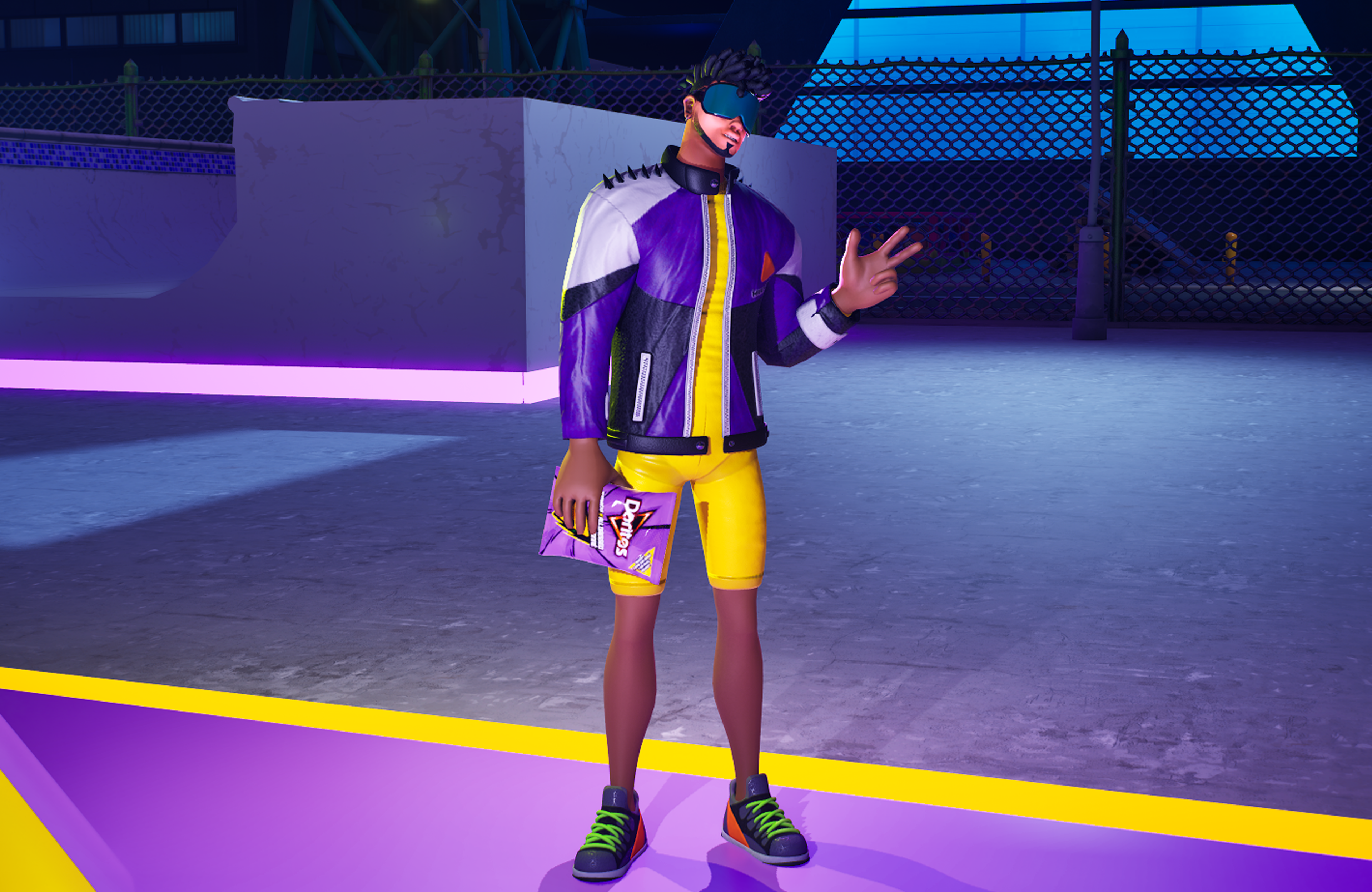 A purple and yellow futuristic NPC character holding a Doritos bag stands in a neon-lit gaming world.