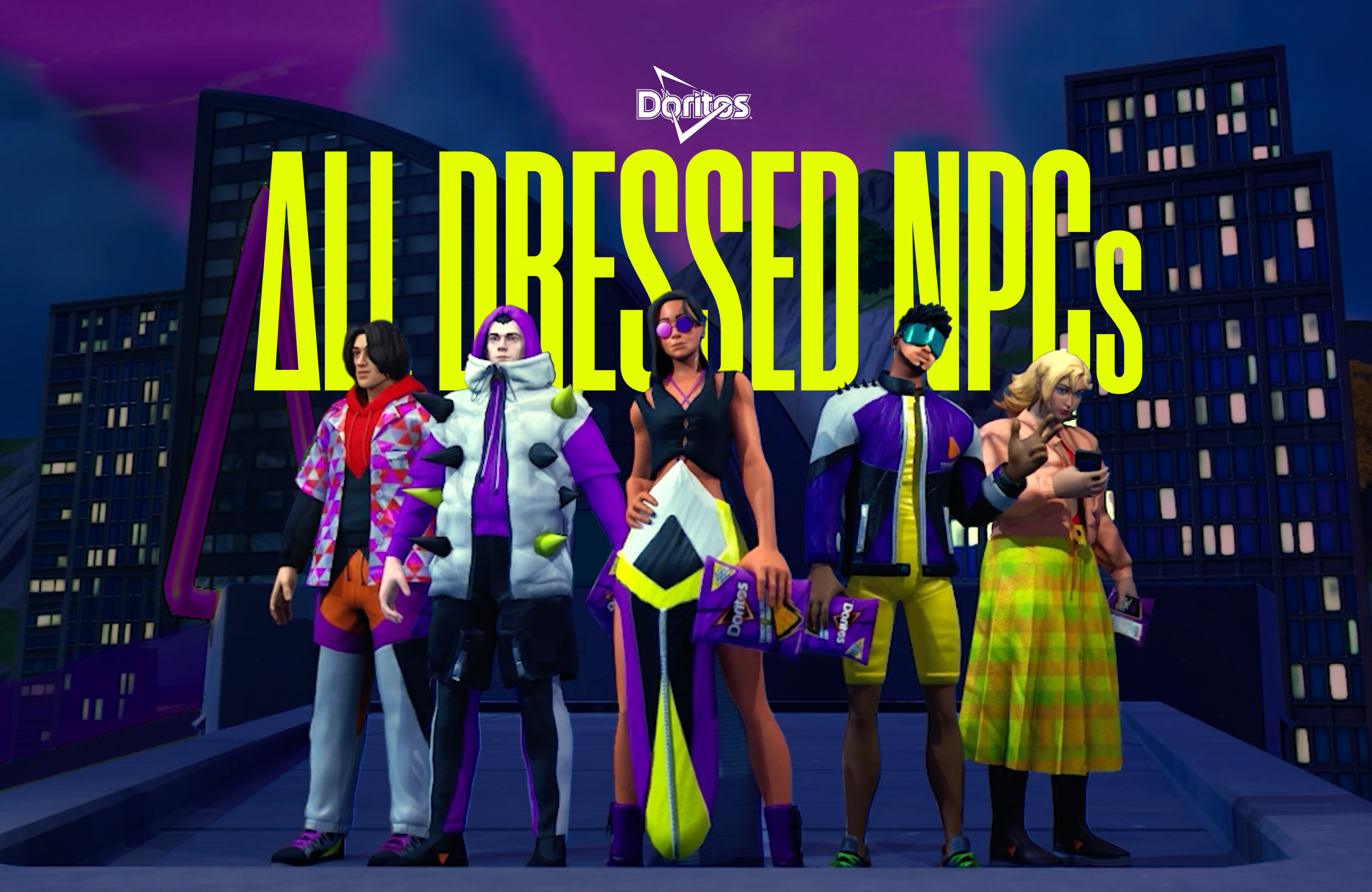 Five NPC characters in bold, futuristic outfits stand with the text "All Dressed NPCs" above them. The campaign details, including Twitch stats, are on the left.