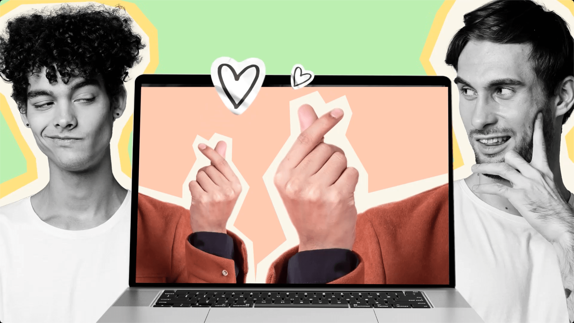 Two men exchanging finger heart gestures, a playful and affectionate symbol, over a laptop screen